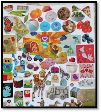 잡지책에서 오린 피자, 쿠키, 자전거, 토마토, 새, 공, 기린, 곰인형, 썬글라스 등의 사진을 도화지에 붙여 놓았다.